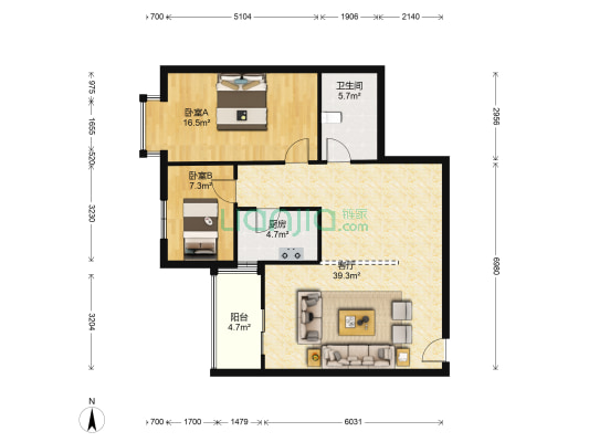 汇元新天地 2室1厅1卫 100平方