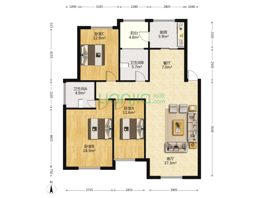 信美路4号 3室2厅2卫 135平方