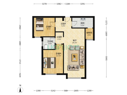 州河湾南园 2室1厅1卫 93平方