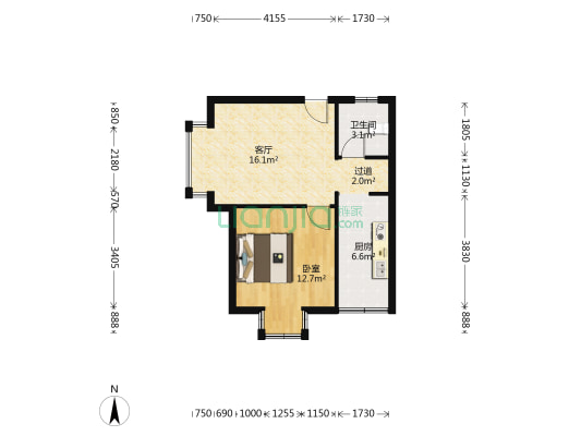 皇城1号 1室1厅1卫 49平方