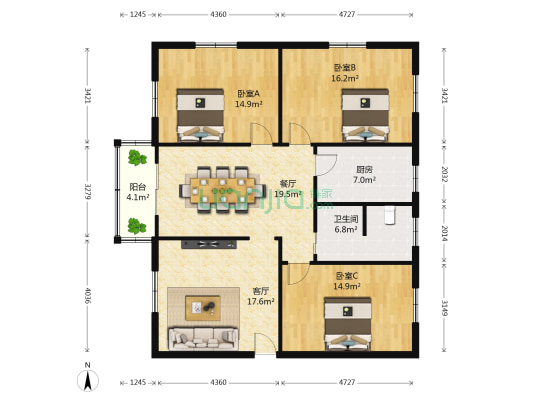延庆街47号院 3室2厅1卫 118平方