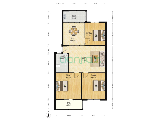 沿河小区 3室2厅1卫 113平方