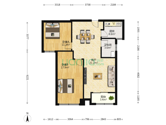 瑞城国际 2室1厅1卫 93平方