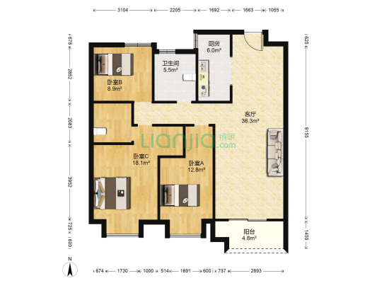 融创蓝山印象 3室1厅1卫 115平方