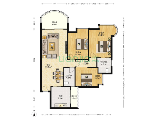 盛世家园 3室1厅2卫 136平方