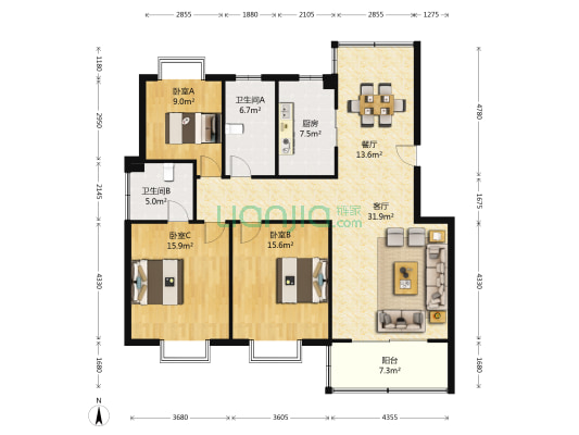 天成小区 3室2厅2卫 119平方