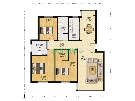 海文花园西区 3室2厅2卫 126平方