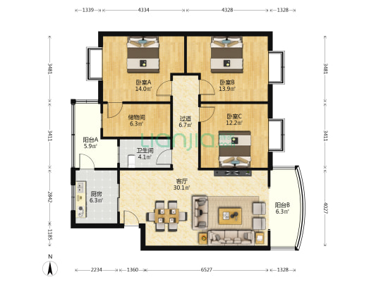 碧水苑 3室1厅1卫 124平方