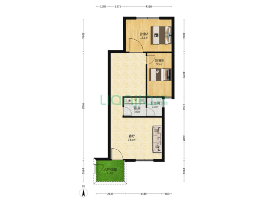 石景山花园 2室1厅1卫 84平方