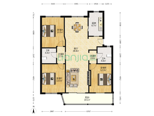 海隆花园 3室1厅2卫 128平方