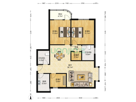 龙珠苑 3室1厅2卫 121平方