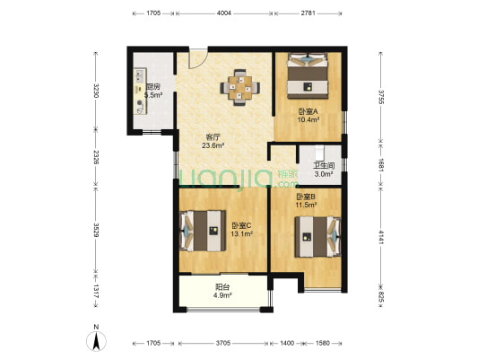 新河花苑 3室1厅1卫 97平方