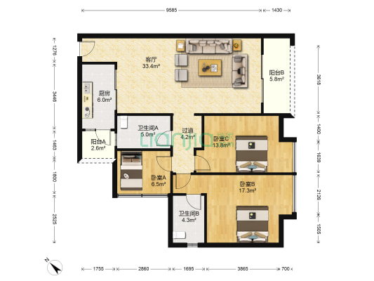 中海花湾壹号A区 3室1厅2卫 120平方