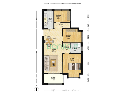 北城正荣府悦辰颂苑 3室1厅1卫 83平方