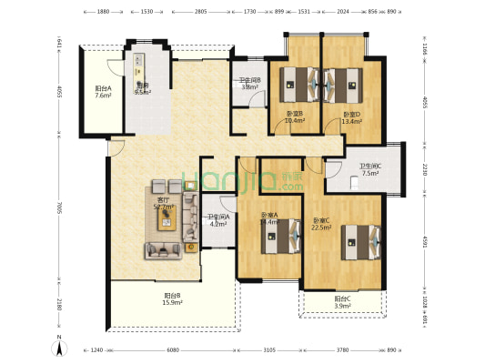 松湖花园 4室1厅3卫 219平方