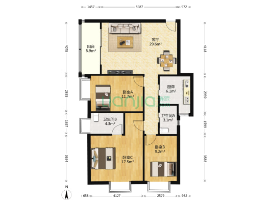 广德业大厦 3室1厅2卫 126平方