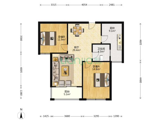 荷香雅居(常熟) 2室1厅1卫 95平方