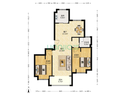 白鹂江景 2室2厅1卫 106平方