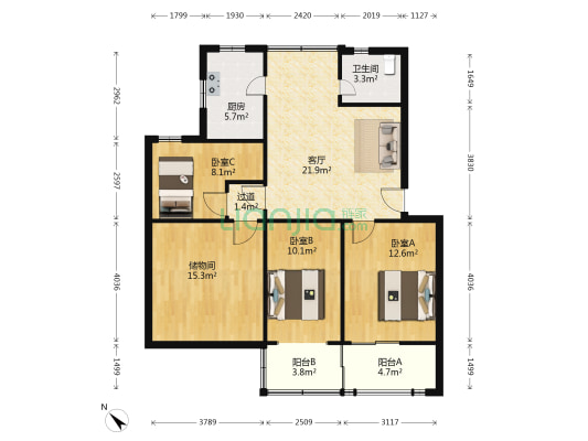宝丰路军休所 3室1厅1卫 99平方