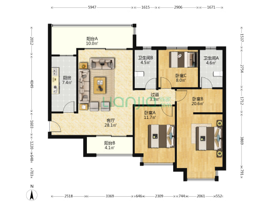 恒大上林苑 3室1厅2卫 126平方