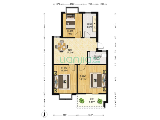 方兴桃园 3室1厅1卫 81平方