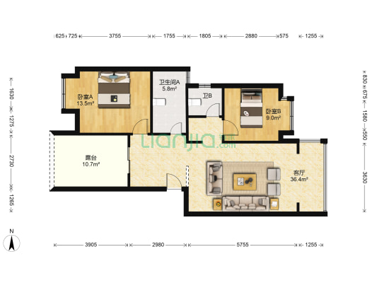 德坤恬园 2室1厅2卫 107平方