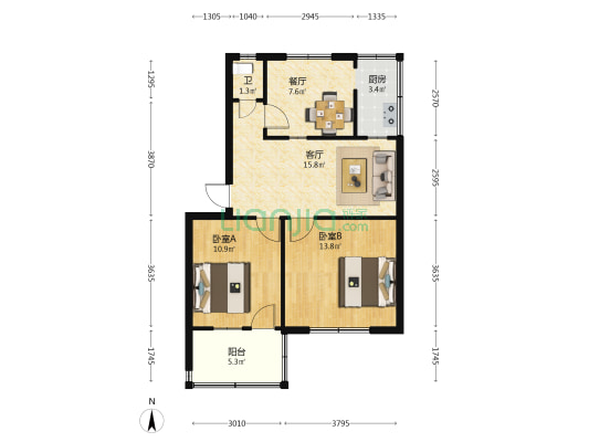环保局宿舍 2室2厅0卫 80平方