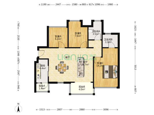 益田假日天地 3室1厅2卫 99平方