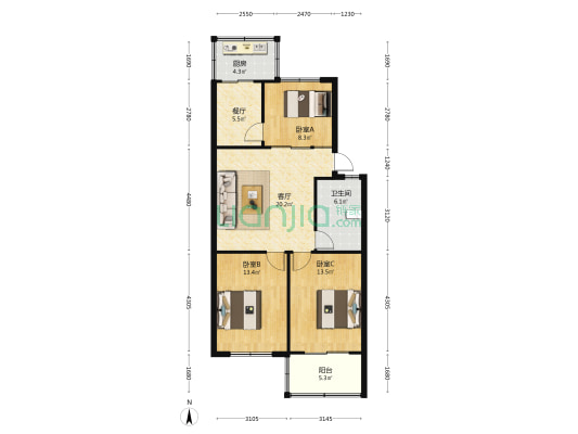 康企家属院 3室2厅1卫 94平方