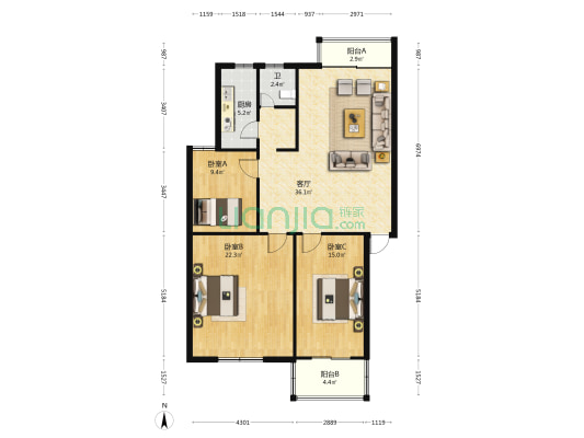 浙江商贸城小区 3室1厅1卫 121平方