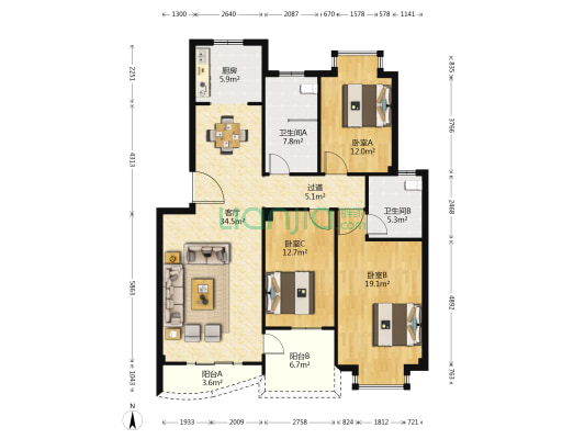 依水园 3室1厅2卫 125平方