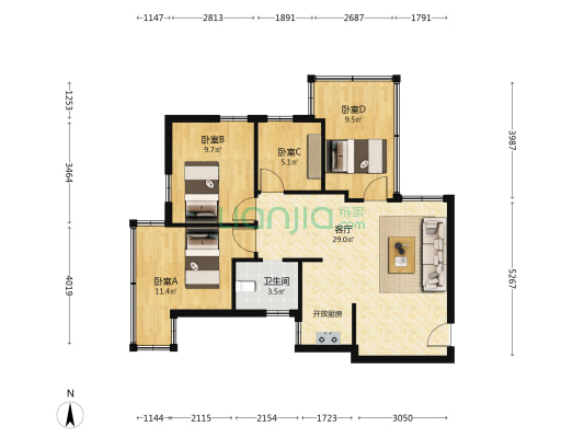 区府宿舍 4室1厅1卫 77平方