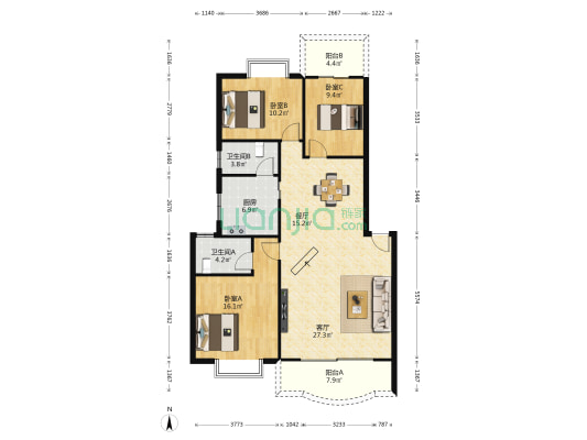 金竹苑 3室2厅2卫 120平方