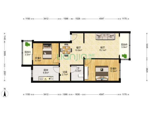 紫荆苑 2室2厅1卫 88平方