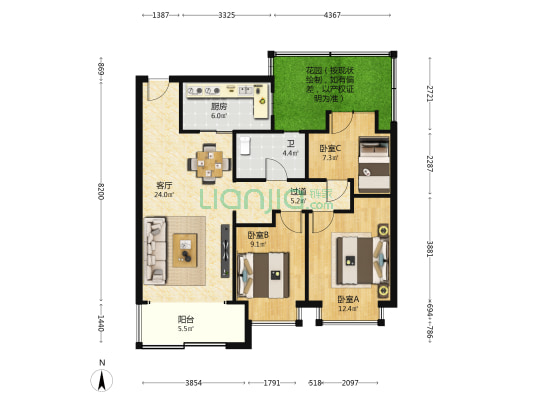 恒大文化旅游城A区 3室1厅1卫 99平方