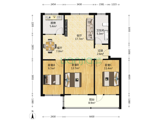 胜利桥1号大院 3室2厅1卫 99平方