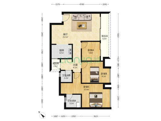 中粮祥云赋B区 3室1厅2卫 87平方