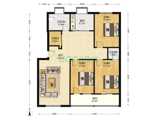 金苑小区 3室1厅2卫 132平方