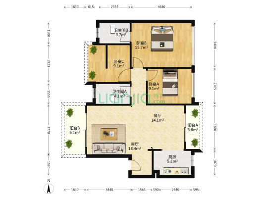 远洋君域 3室2厅2卫 107平方