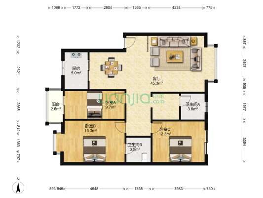 金色嘉苑 3室1厅2卫 118平方
