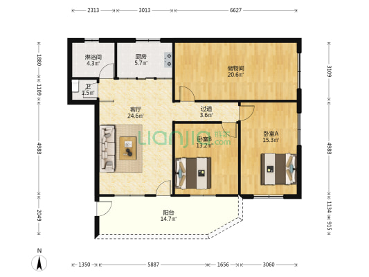 政通路 2室1厅2卫 103平方