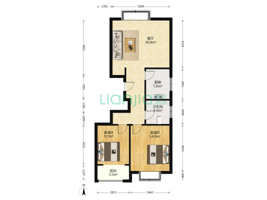 中和居 2室1厅1卫 95平方