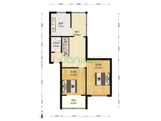 玉林横街13号 2室1厅1卫 66平方