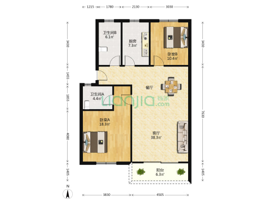 思贤家园 2室1厅2卫 105平方