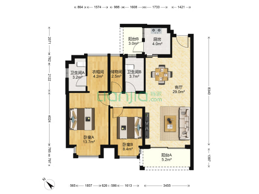 高逸华府 2室1厅2卫 91平方