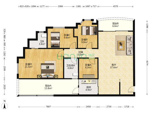 绅宝豪庭 4室1厅2卫 121平方