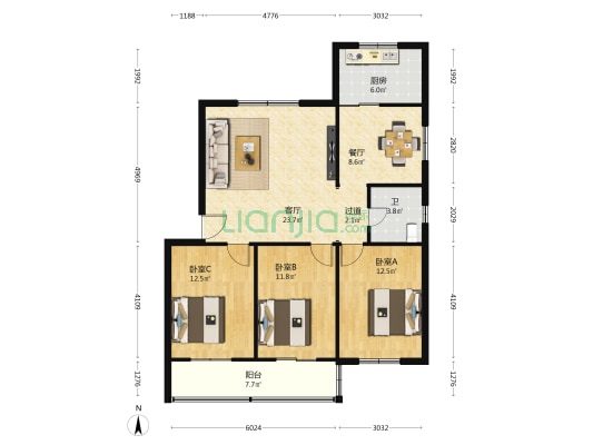 工行小区(临潼) 3室2厅1卫 108平方