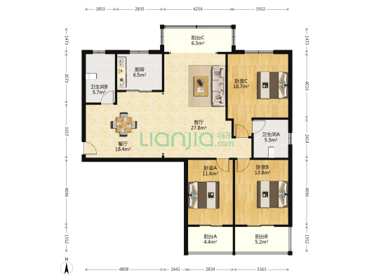 千家鑫苑 3室2厅2卫 150平方