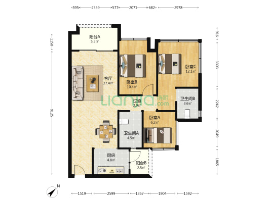天府中心城一期 3室1厅2卫 86平方