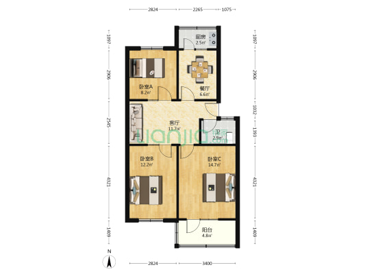 陕西省水电设计院家属院 3室2厅1卫 74平方